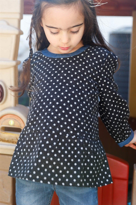 Girls Black Flannel Polka Dot Denim Trim Back Self-Tie Detail Top /2-2-2-2