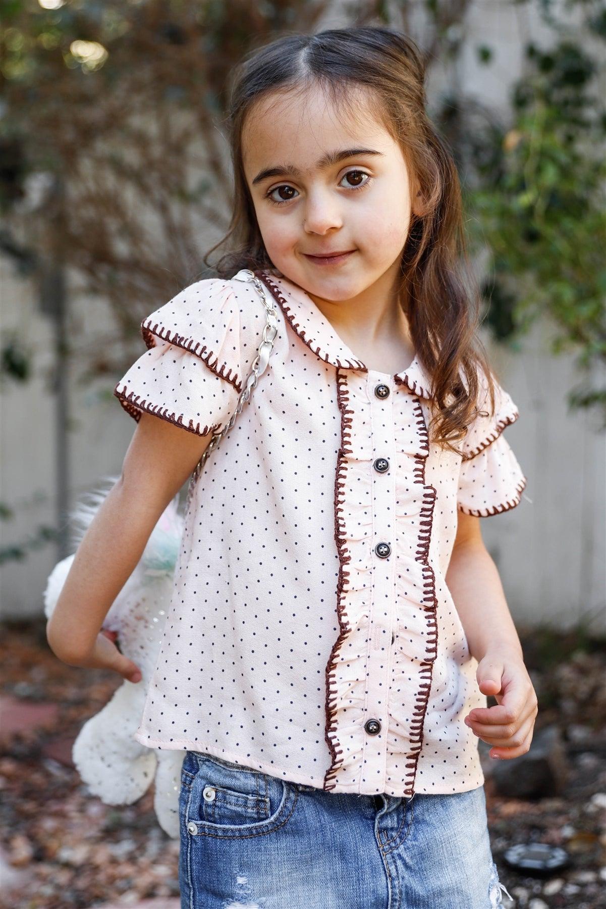 Girls Baby Pink Polka Dot Ruffle Details Stitch Trim Blouse Top /1-3-2