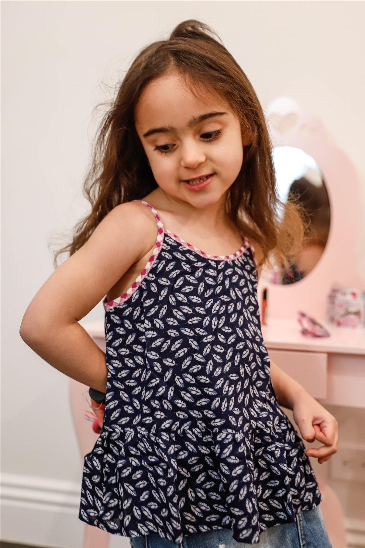 Girls Navy Feather Print Contrast Trim Sleeveless Top /2-2-3