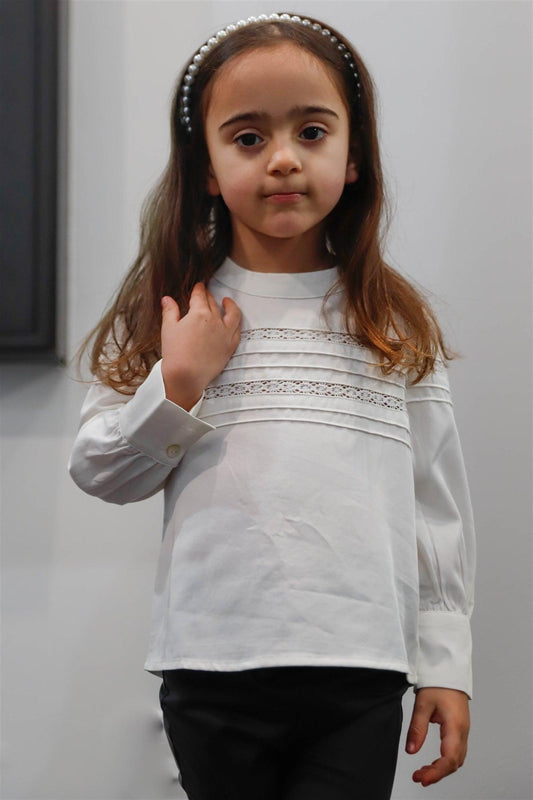 Girls White Embroidery & Stitch Detail Mock Neck Top /1-2-1