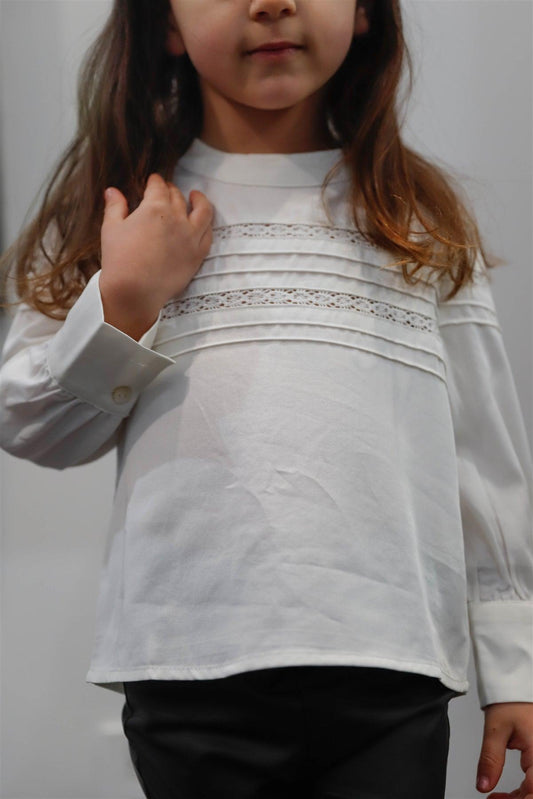 Girls White Embroidery & Stitch Detail Mock Neck Top /1-2-2-1