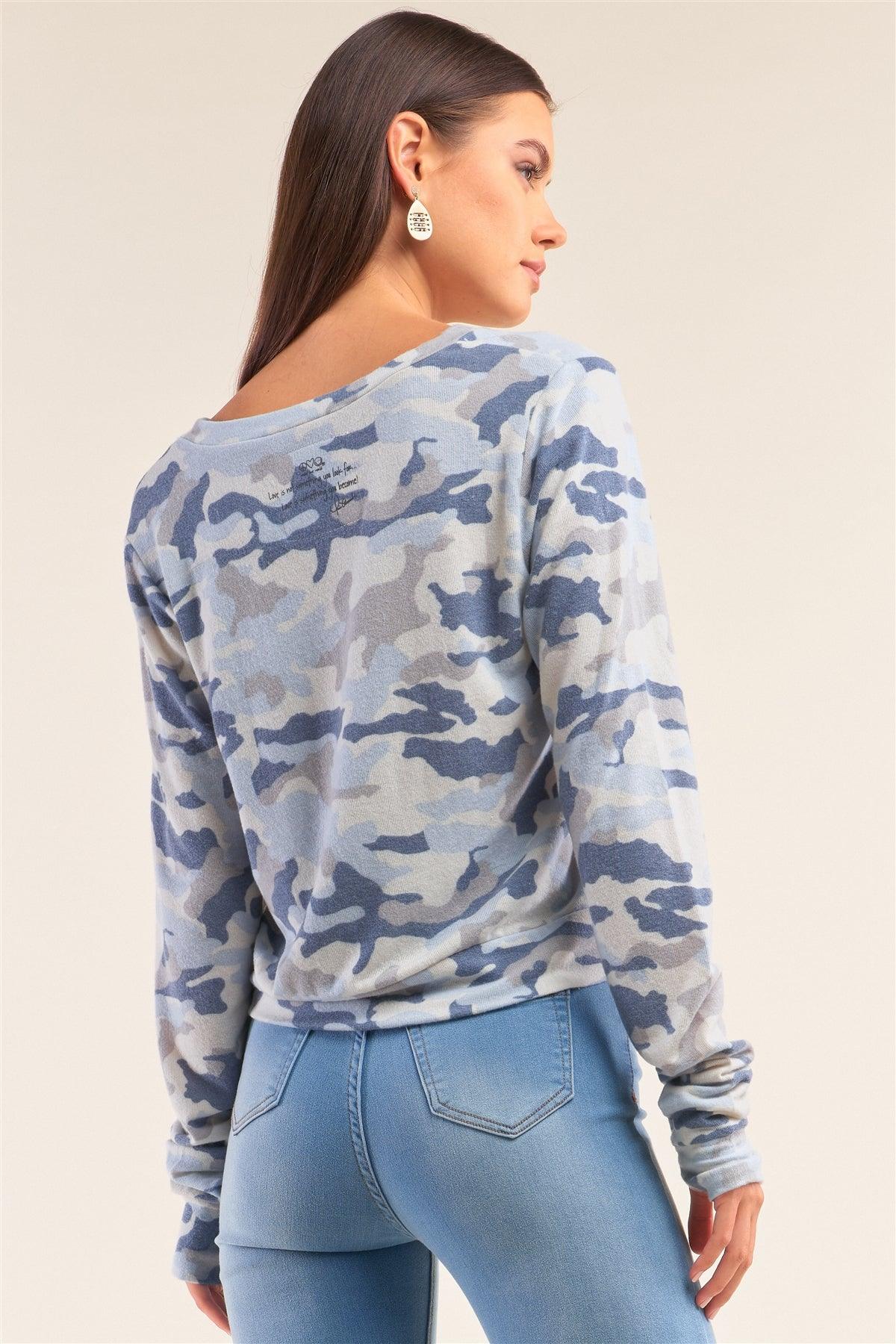 Camo Blue Long Sleeve V-Neck "Self Love" Comfy Top /3-4