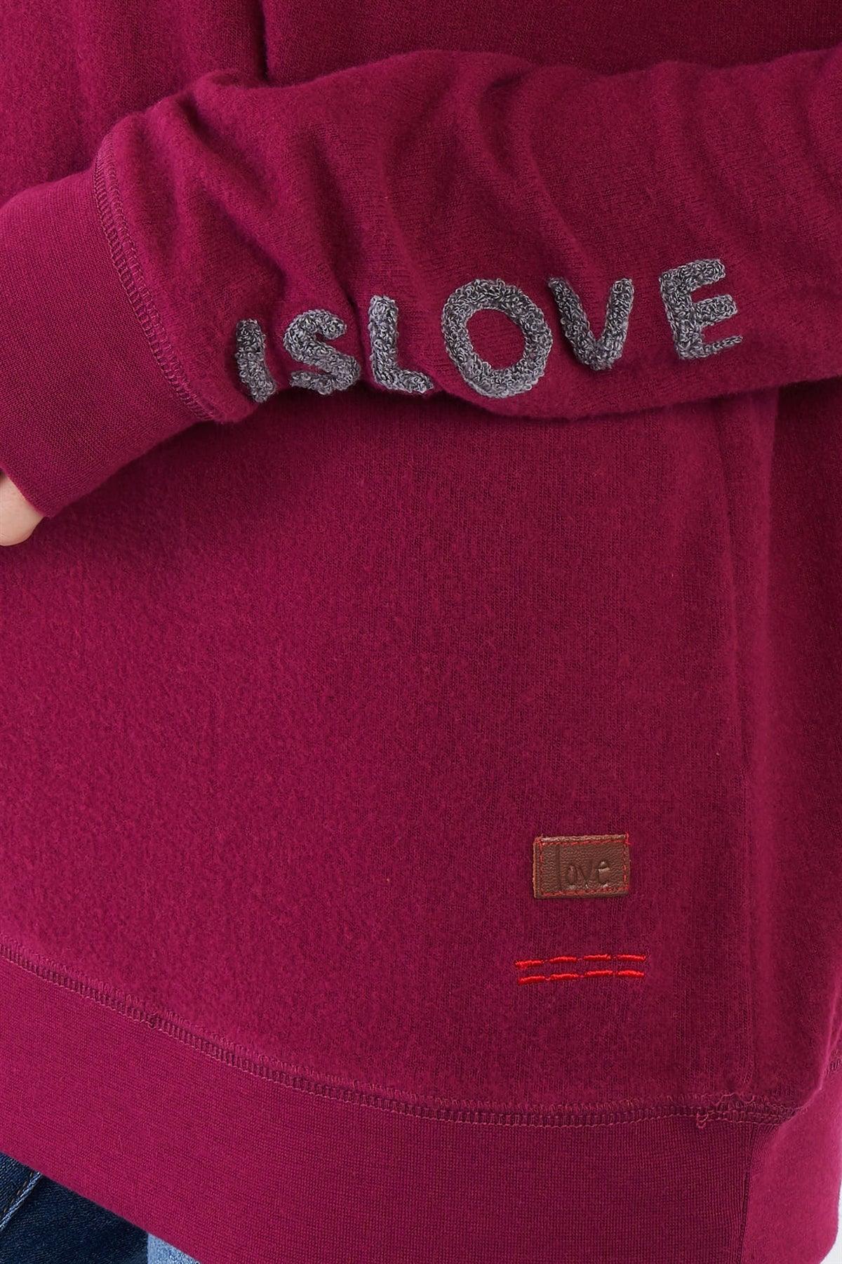 Plum Red Long Sleeve "Love is Love" Graphic Crew Neck Printed Top /2-2