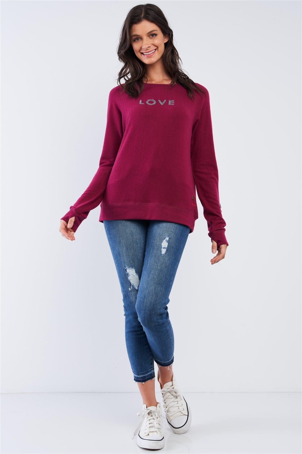 Plum Red Long Sleeve "Love is Love" Graphic Crew Neck Printed Top /2-2