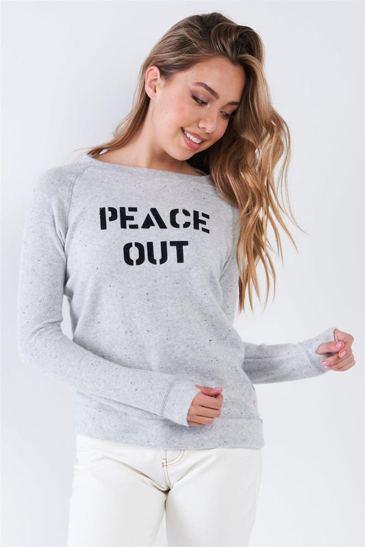 Heather Grey Comfy Long Sleeve "Peace Out" Graphic Pullover Top