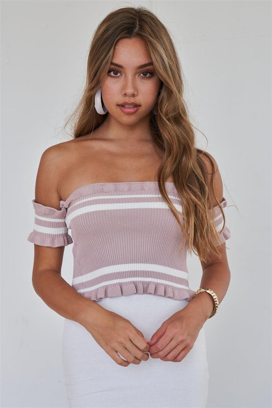 Mauve Off The Shoulder White Striped Crop Top