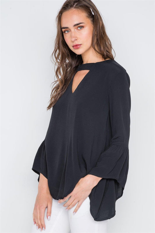 Black V-Cut Out Long Bell Sleeve Solid Top /2-2-2