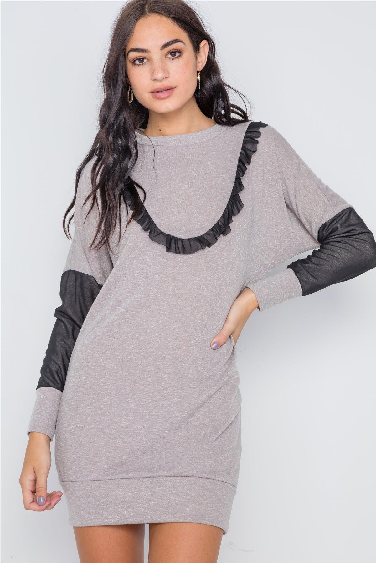 Sage Taupe Mash Detail Mini Sweater Dress /1-2-2