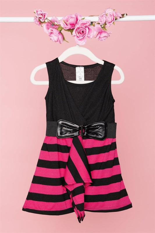 Girls Pink Black Stripped Sleeveless Front Ruffle Belted Dress /1-1-1-1-1-1