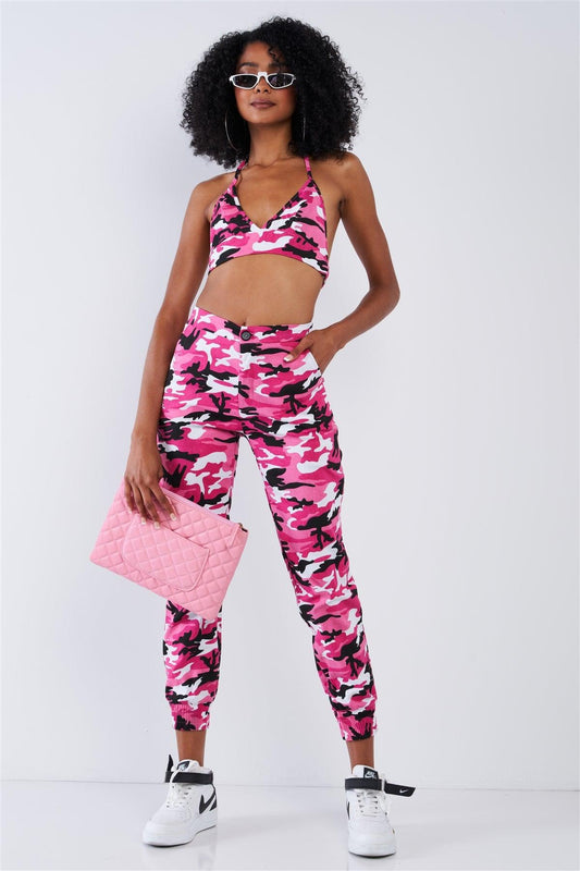 Hot Pink Camouflage High Waisted Parachute Jogger Pant Triangle Halter Crop Top Two Piece Set / 2-2-2