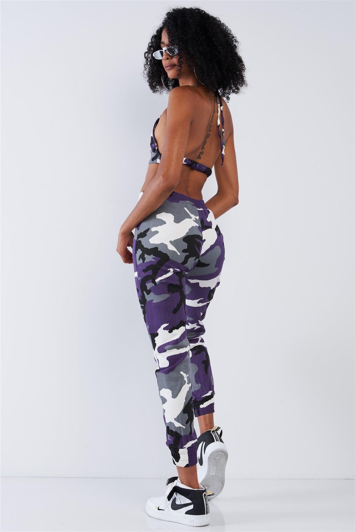 Purple Camouflage High Waisted Parachute Jogger Pant Triangle Halter Crop Top Two Piece Set /2-2-2