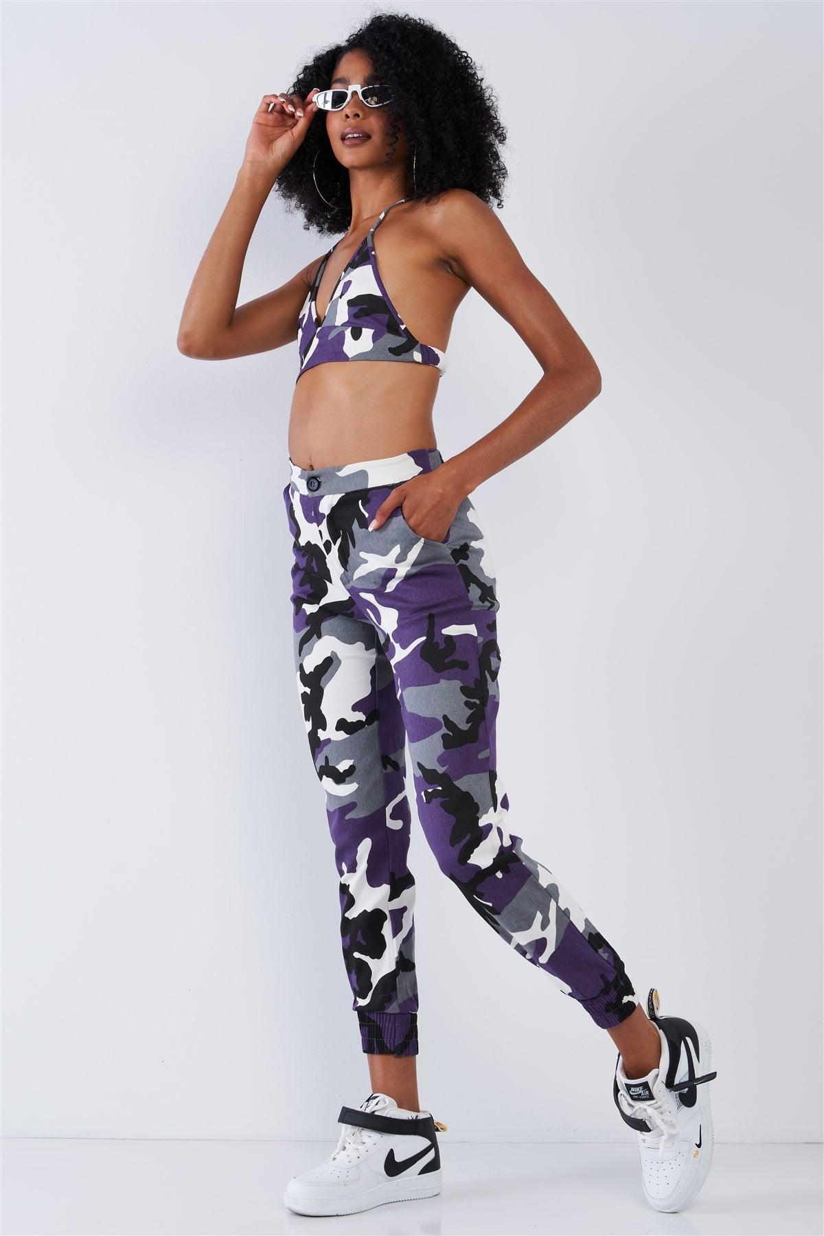 Purple Camouflage High Waisted Parachute Jogger Pant Triangle Halter Crop Top Two Piece Set /2-2-2