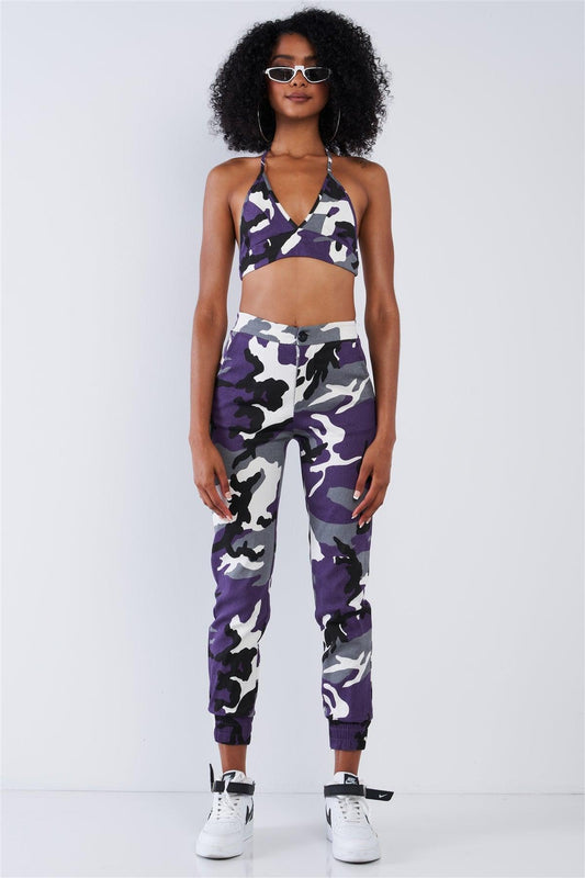 Purple Camouflage High Waisted Parachute Jogger Pant Triangle Halter Crop Top Two Piece Set