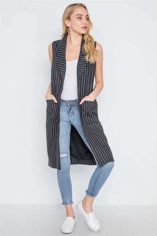 Black Sleeveless Stripe Open Front Vest Jacket /1-1-2-1