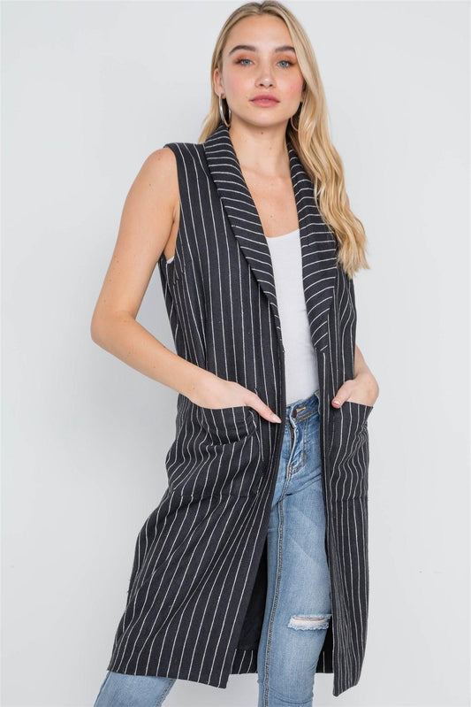 Black Sleeveless Stripe Open Front Vest Jacket /1-2-2-1