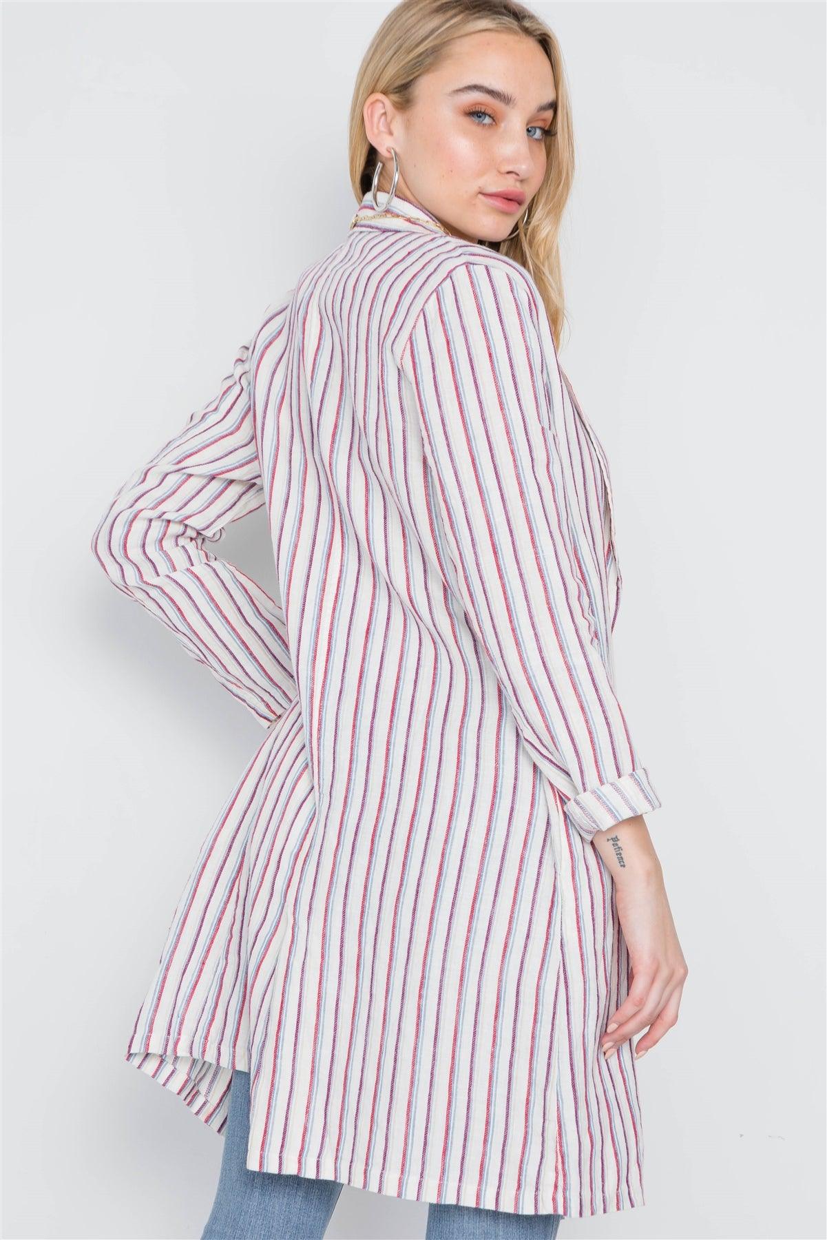 Natural Blue Open Front Stripe Long Sleeve Coat /1-2-2-1