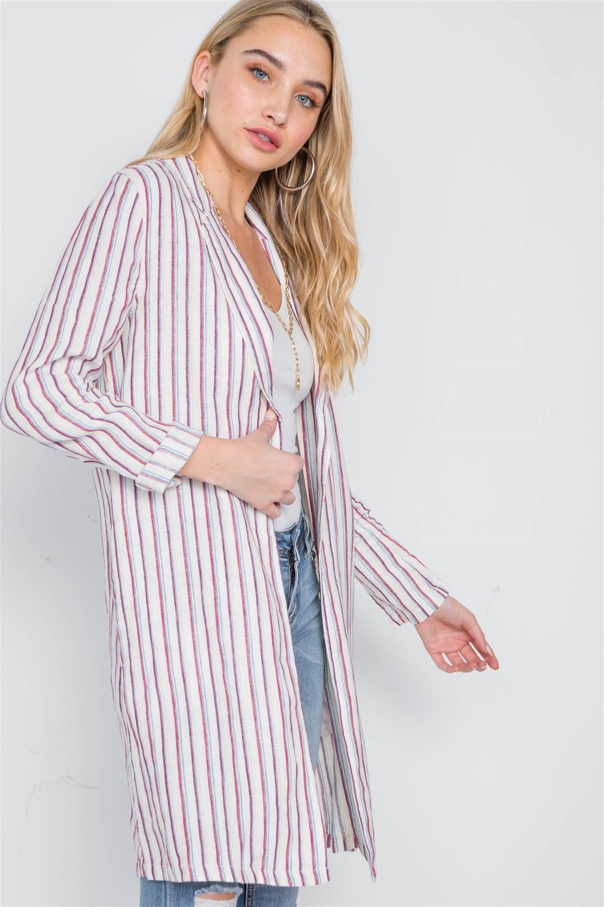 Natural Blue Open Front Stripe Long Sleeve Coat /1-2-2-1