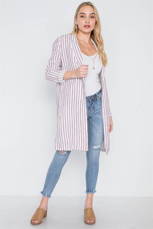 Natural Blue Open Front Stripe Long Sleeve Coat /2-3-2