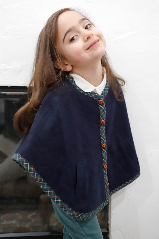 Girls Navy Flannel Plaid Trim Button Up Cape Coat /2-2-2-2