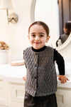 Girls Black & Off-White Quilted Stripe Reversible Polka Dot Velvet Button Up Vest /1-1-2-2