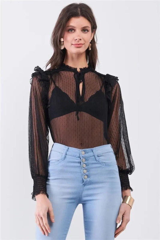 Black Sheer Mesh Polka Dot Frill Trim Long Sleeve Bodysuit /3-1-1