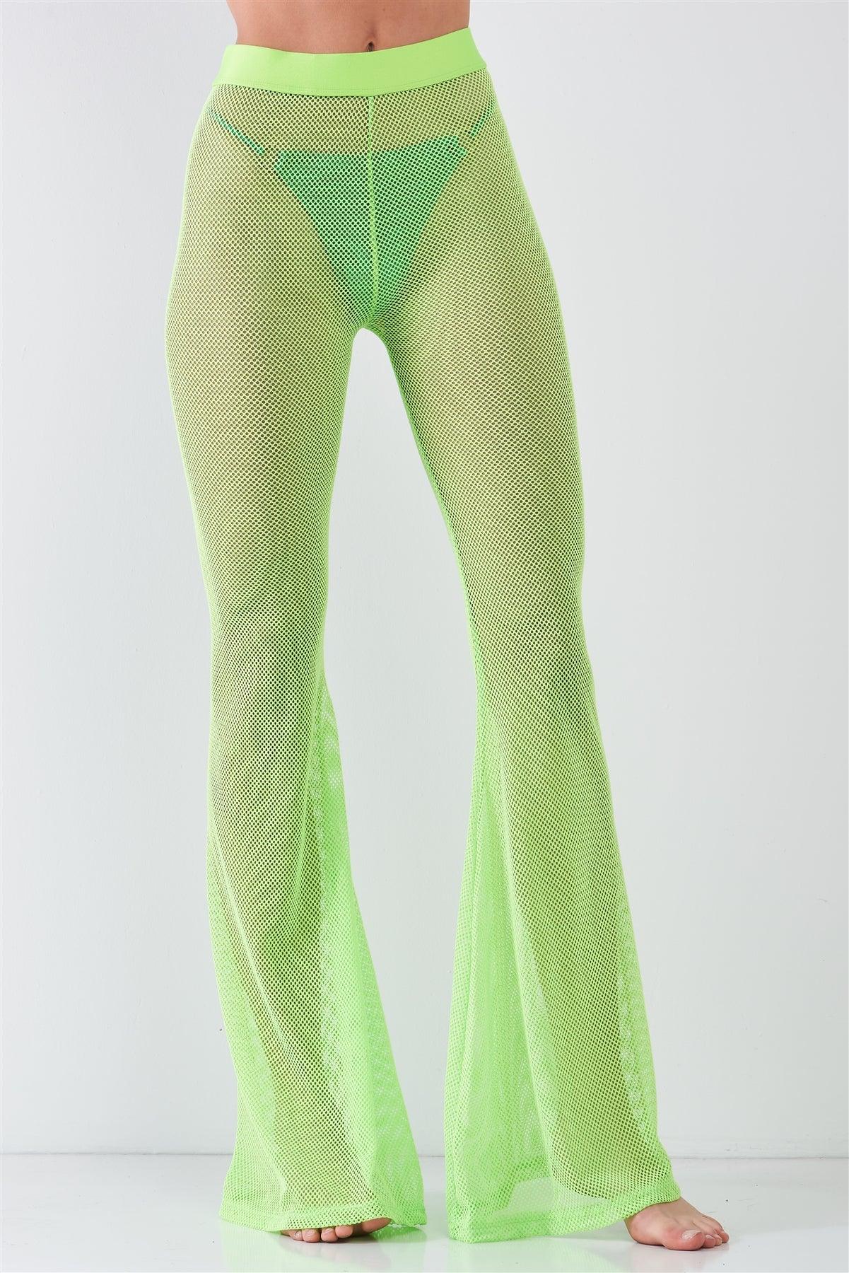 Neon Green Sheer Tennis Net Mesh High Waist Bell Bottom Pants /2-2-2-1