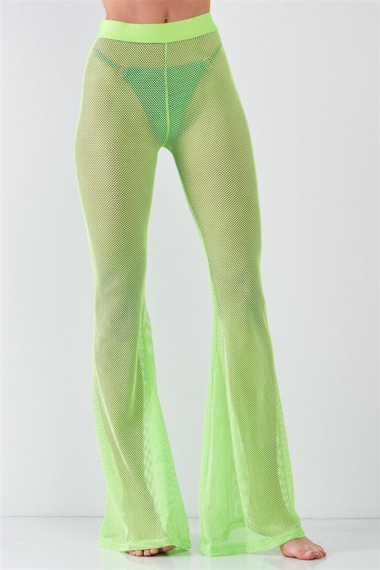 Neon Green Sheer Tennis Net Mesh High Waist Bell Bottom Pants /2-2-2-1