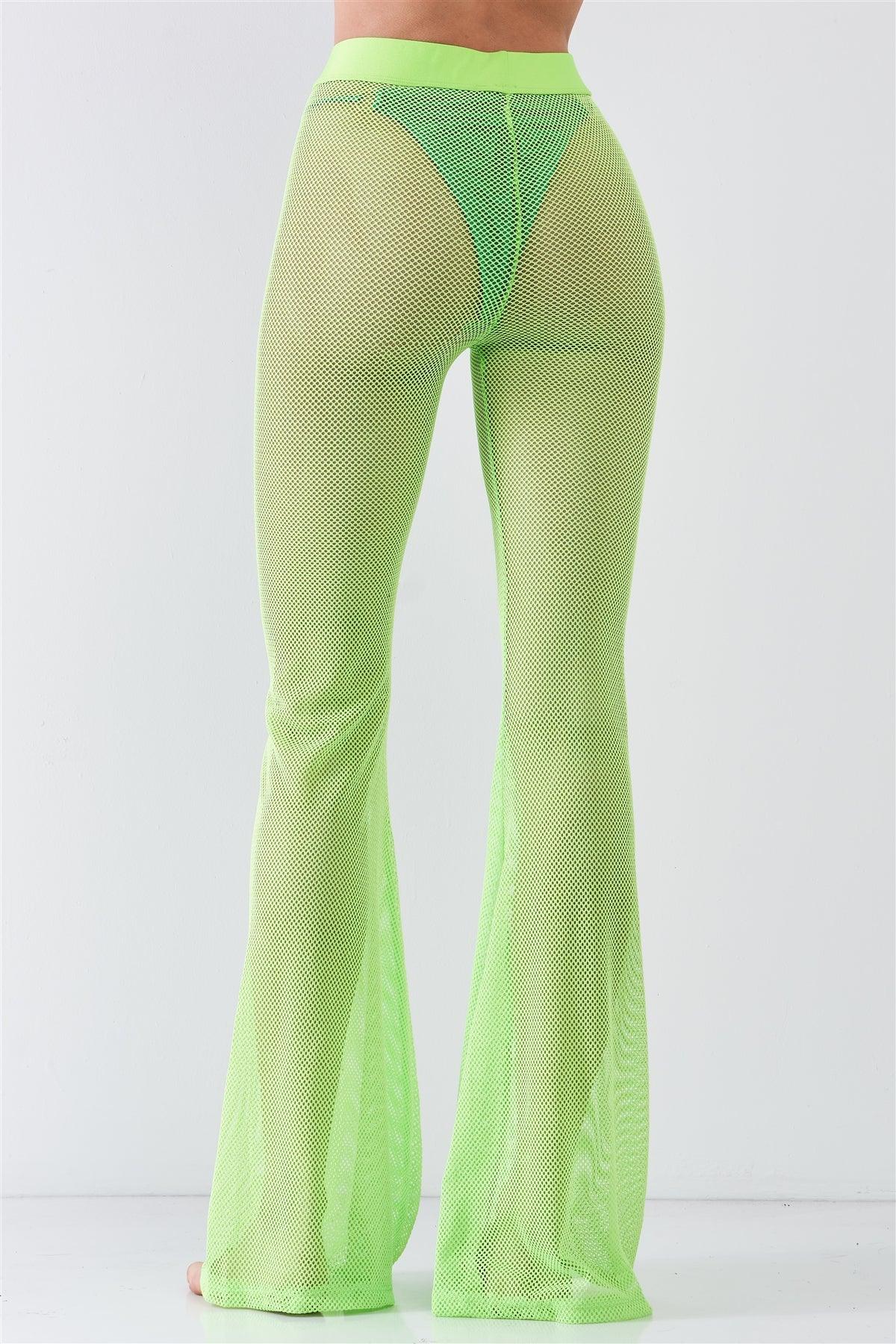 Neon Green Sheer Tennis Net Mesh High Waist Bell Bottom Pants /2-2-2-1