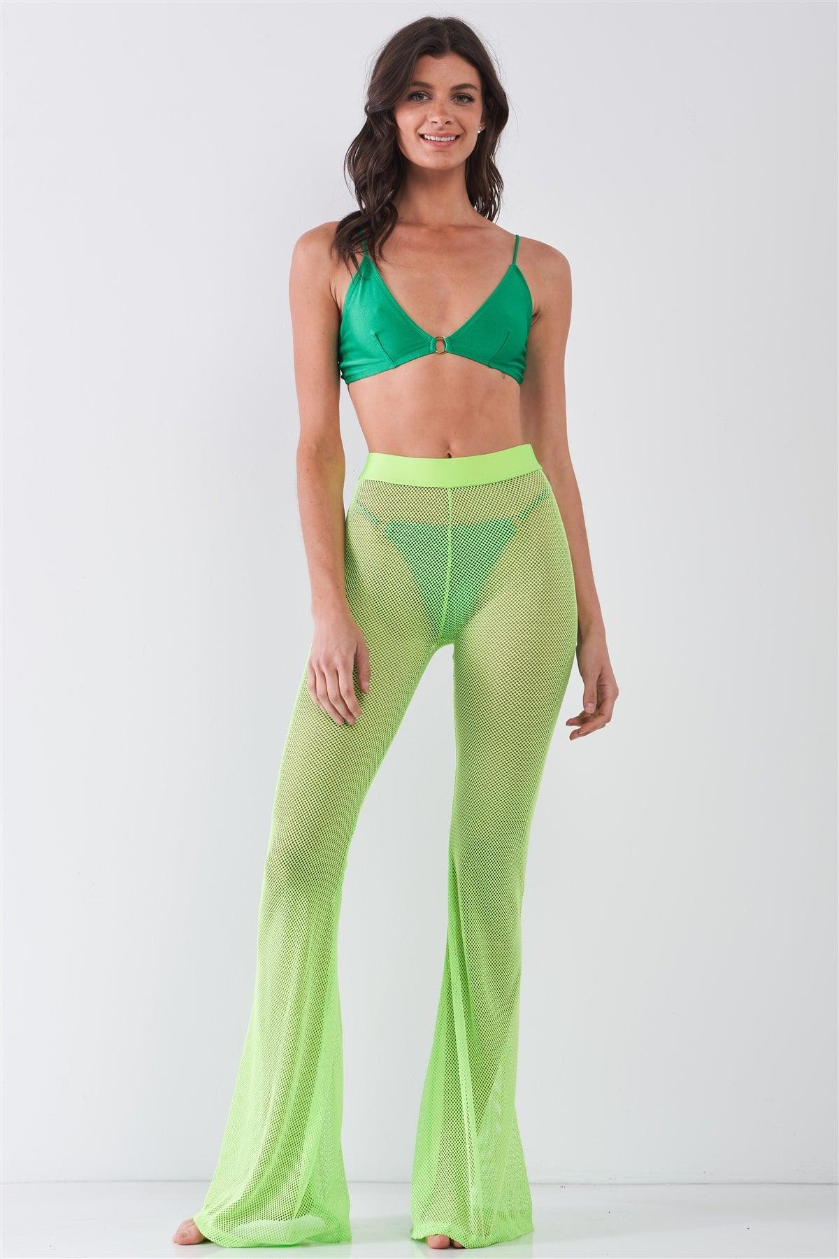 Neon Green Sheer Tennis Net Mesh High Waist Bell Bottom Pants /2-2-2-1