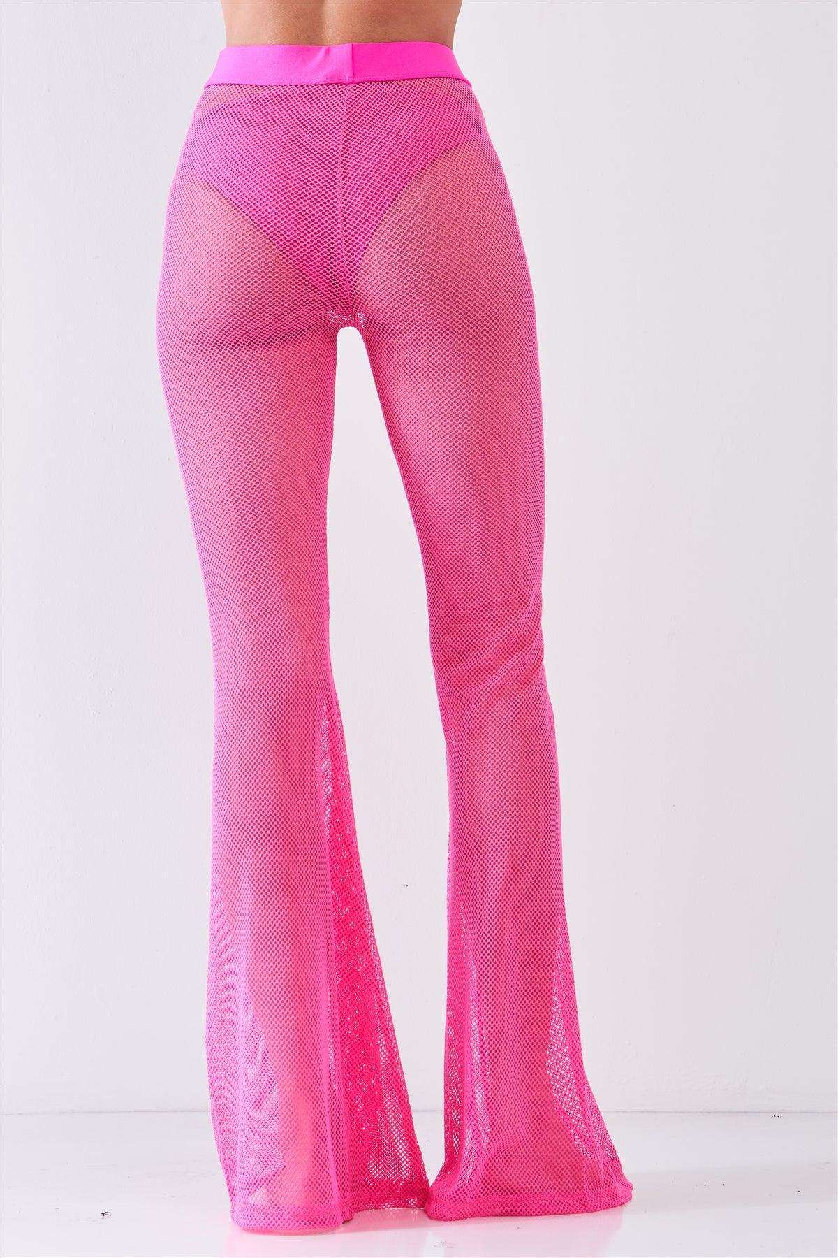 Neon Pink Sheer Tennis Net Mesh High Waist Bell Bottom Pants /2-2-2-1