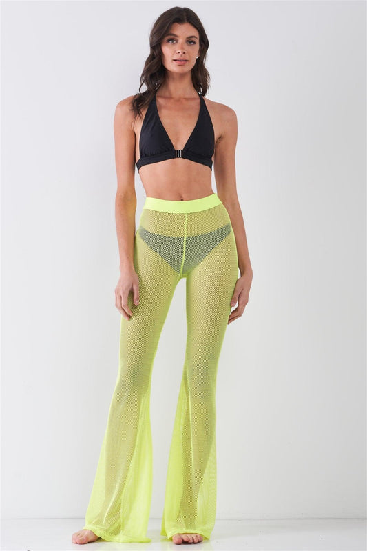 Neon Yellow Sheer Tennis Net Mesh High Waist Bell Bottom Pants /2-2-2-2