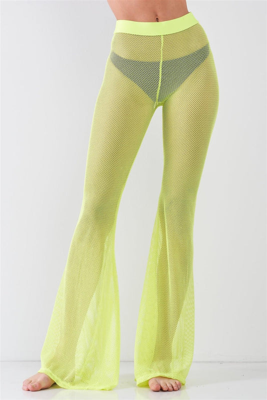 Neon Yellow Sheer Tennis Net Mesh High Waist Bell Bottom Pants