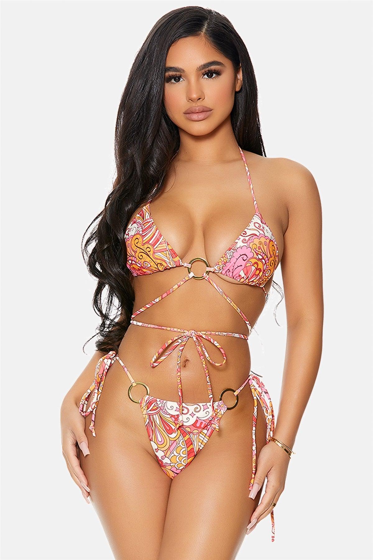 Raspberry Saint Kitts Gold Ring Bikini Triangle Strappy Swimwear 2 Piece Set