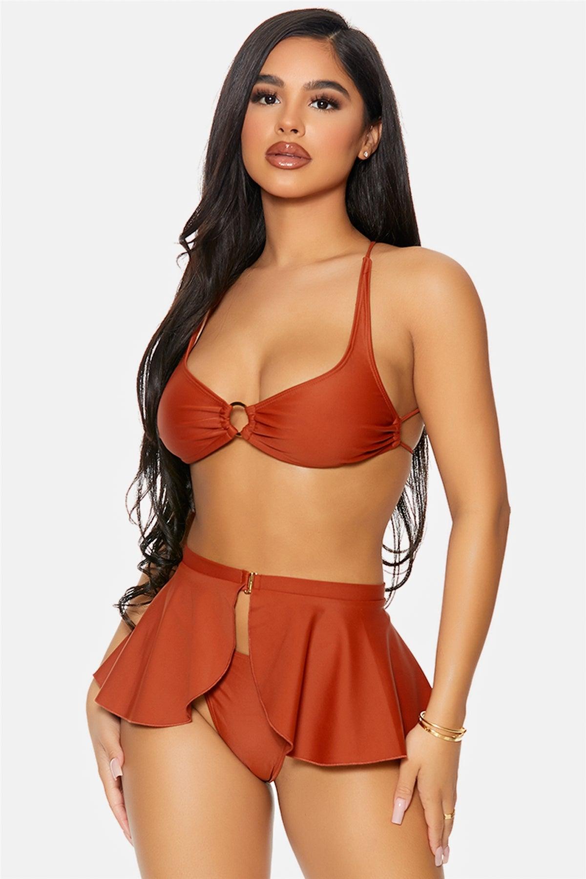 Rust Martinique Gold Ring Strappy Back Peplum Skirt Bikini Swimwear 3 Piece Set