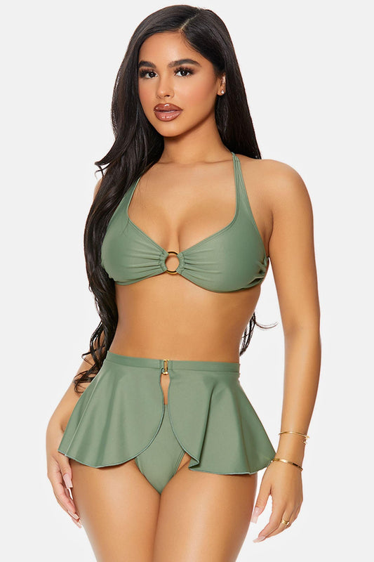 Sage Martinique Gold Ring Strappy Back Peplum Skirt Bikini Swimwear 3 Piece Set