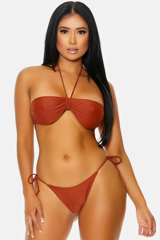 Rust Grenada Bandeau Gathered Drawstring Tie Side Bikini Swimwear 2 Piece Set