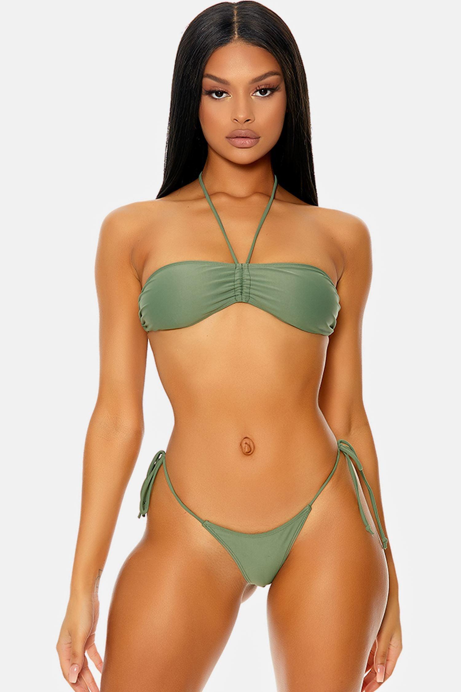 Sage Grenada Bandeau Gathered Drawstring Tie Side Bikini Swimwear 2 Piece Set