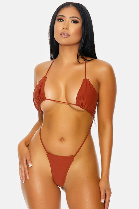 Rust Anguilla Gathered Triangle Criss Cross T-string Sexy One Piece Swimsuit