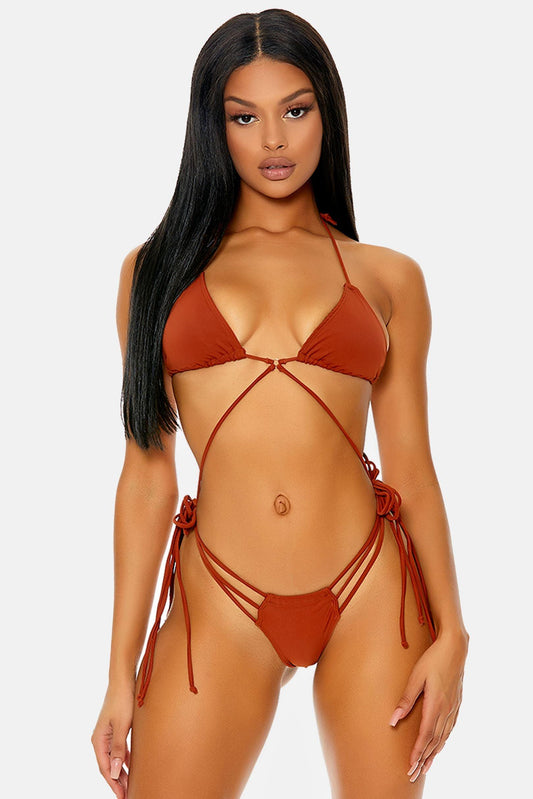 Rust Aruba Halter Triangle Adjustable Ties Multi Side Strap Thong Bikini Swimwear 2 Piece Set