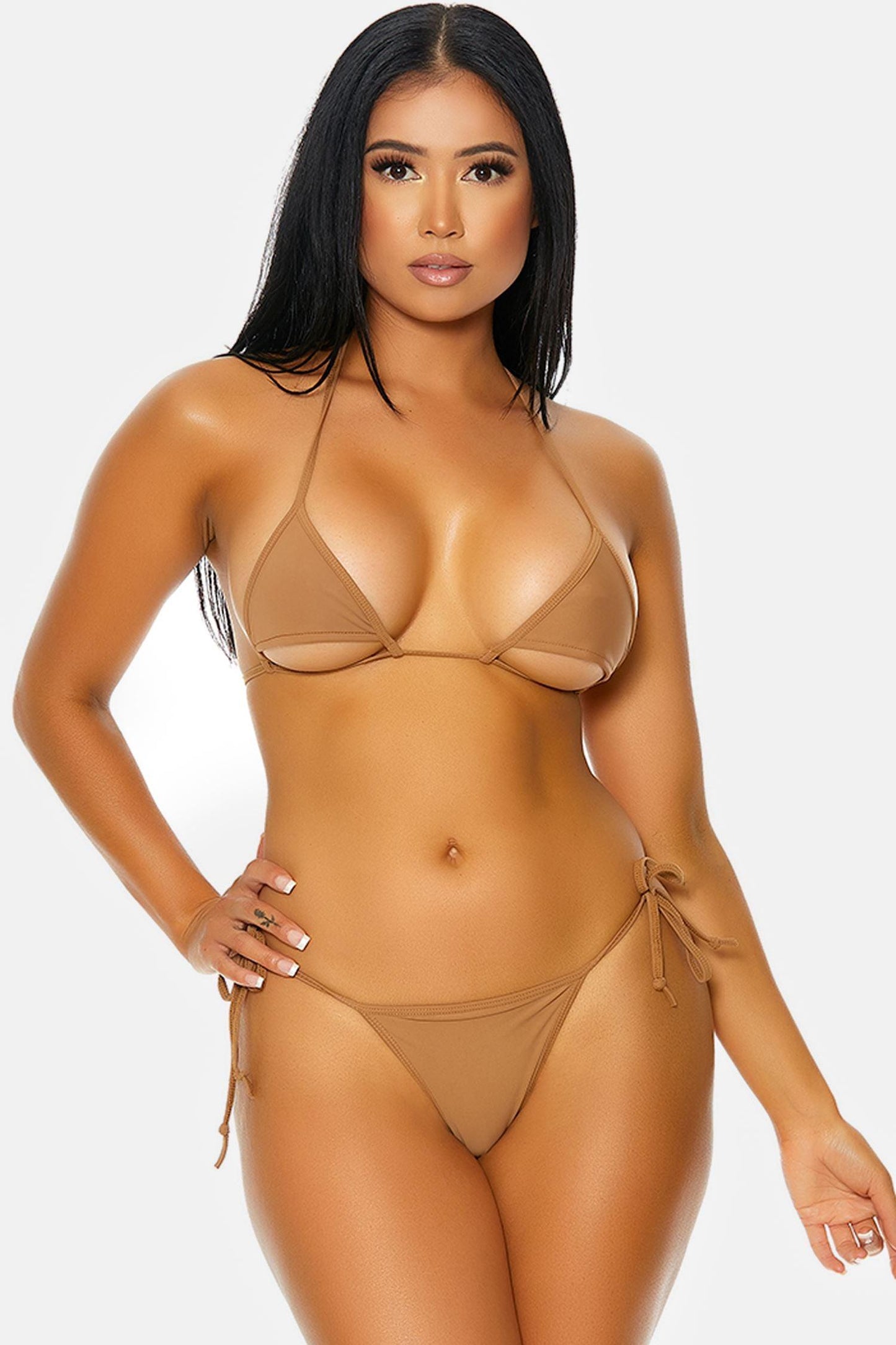 Mocha Saint Thomas Halter Triangle Cutout Cups Tie Side Bikini Swimwear 2 Piece Set