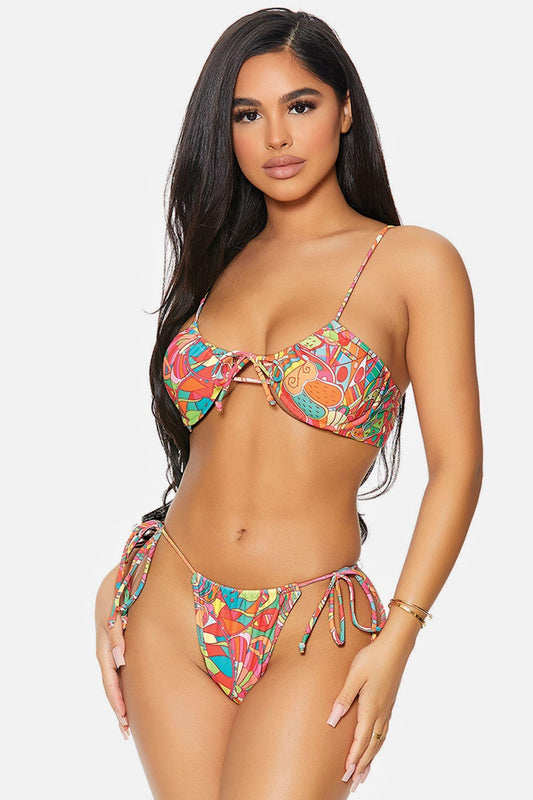 Multi Kaleidoscope Saint Croix Underwire Top Adjustable Ties Thong Bikini Swimwear 2 Piece Set