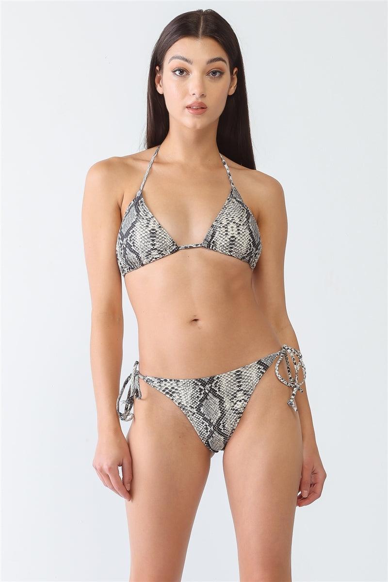 Reptile Halter Triangle Top & Self-Tie Bottom Bikini Set Swimsuit