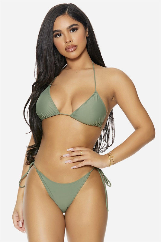 Sage Halter Triangle Top & Self-Tie Bottom Bikini Set Swimsuit