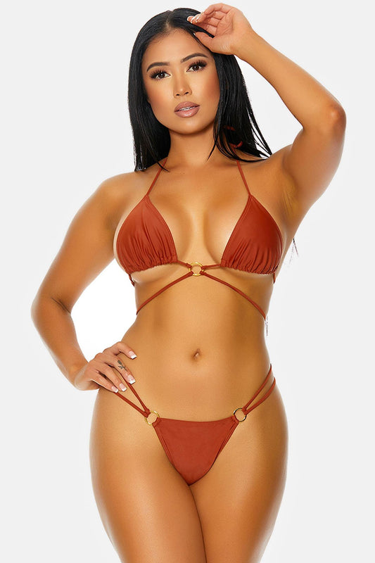 Rust Curacao Triangle Gold Ring Wrap Double Strap Bikini Swimwear 2 Piece Set