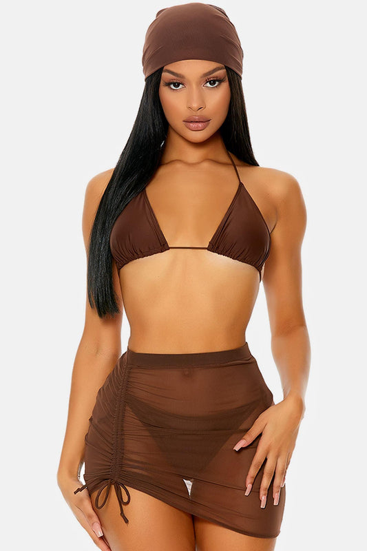 Chocolate Brown Covered Up Ruched Mesh Pool Swimwear High Waist Skirt