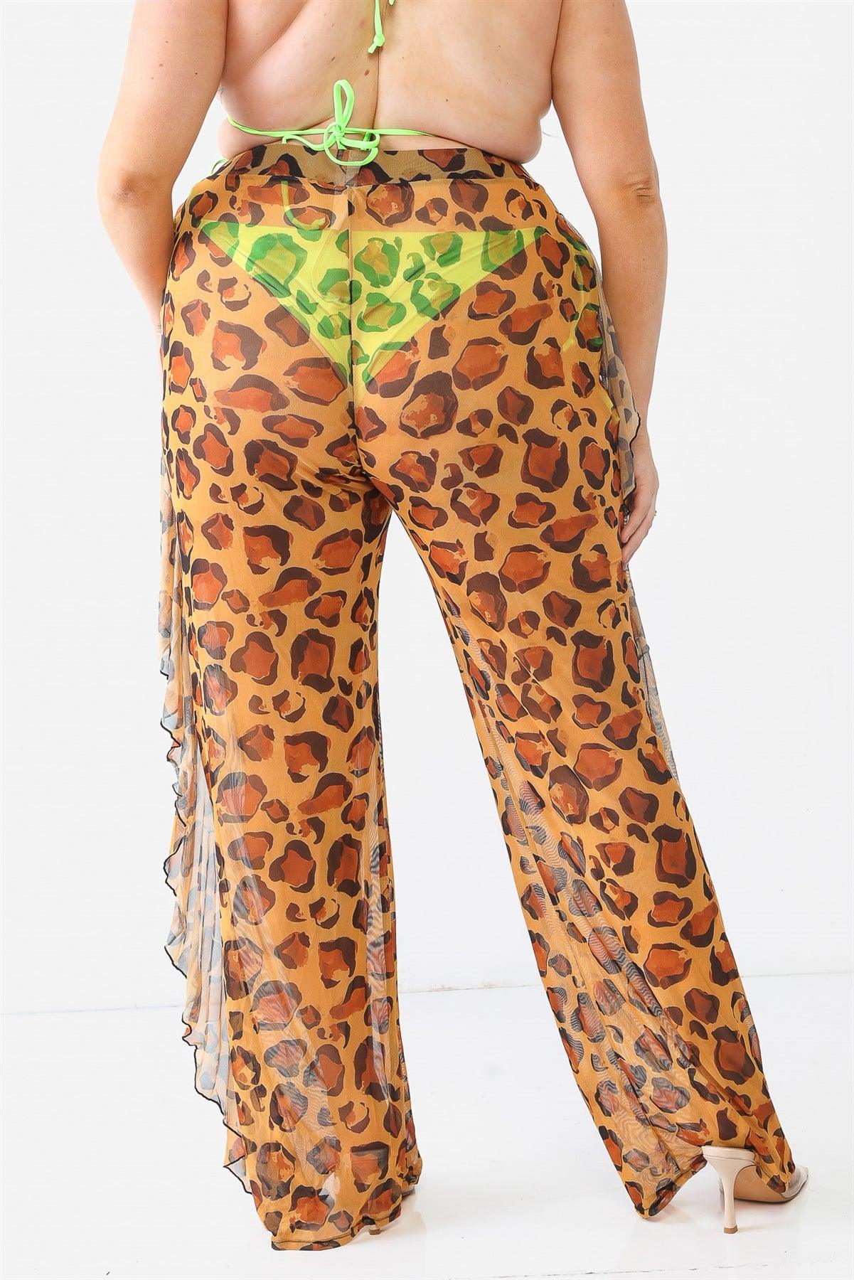 Yellow Leopard Animal Print Mesh Sheer See Through Cover Up Sexy Ruffle Pants