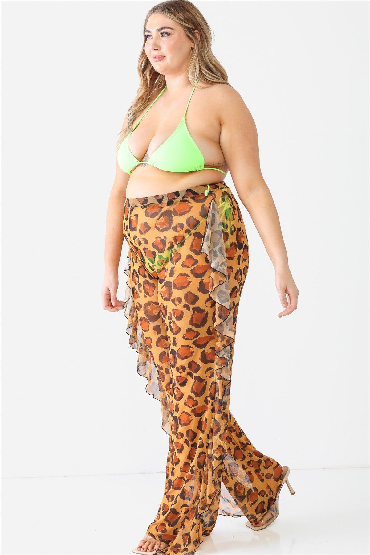 Yellow Leopard Animal Print Mesh Sheer See Through Cover Up Sexy Ruffle Pants