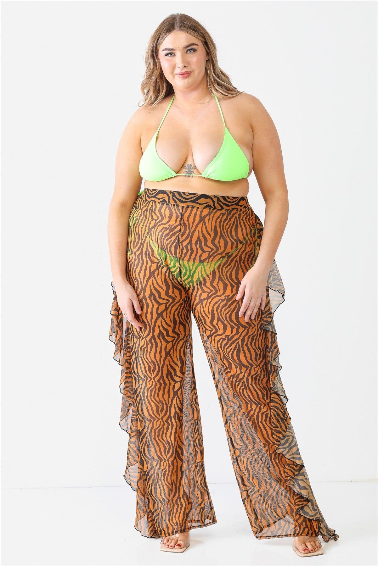 Yellow Leopard Animal Print Mesh Sheer See Through Cover Up Sexy Ruffle Pants