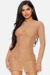 Mocha Cover Me Long Sleeve Mesh Sheer Pool Swimwear Coverup Mini Dress