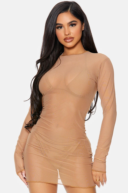 Mocha Cover Me Long Sleeve Mesh Sheer Pool Swimwear Coverup Mini Dress